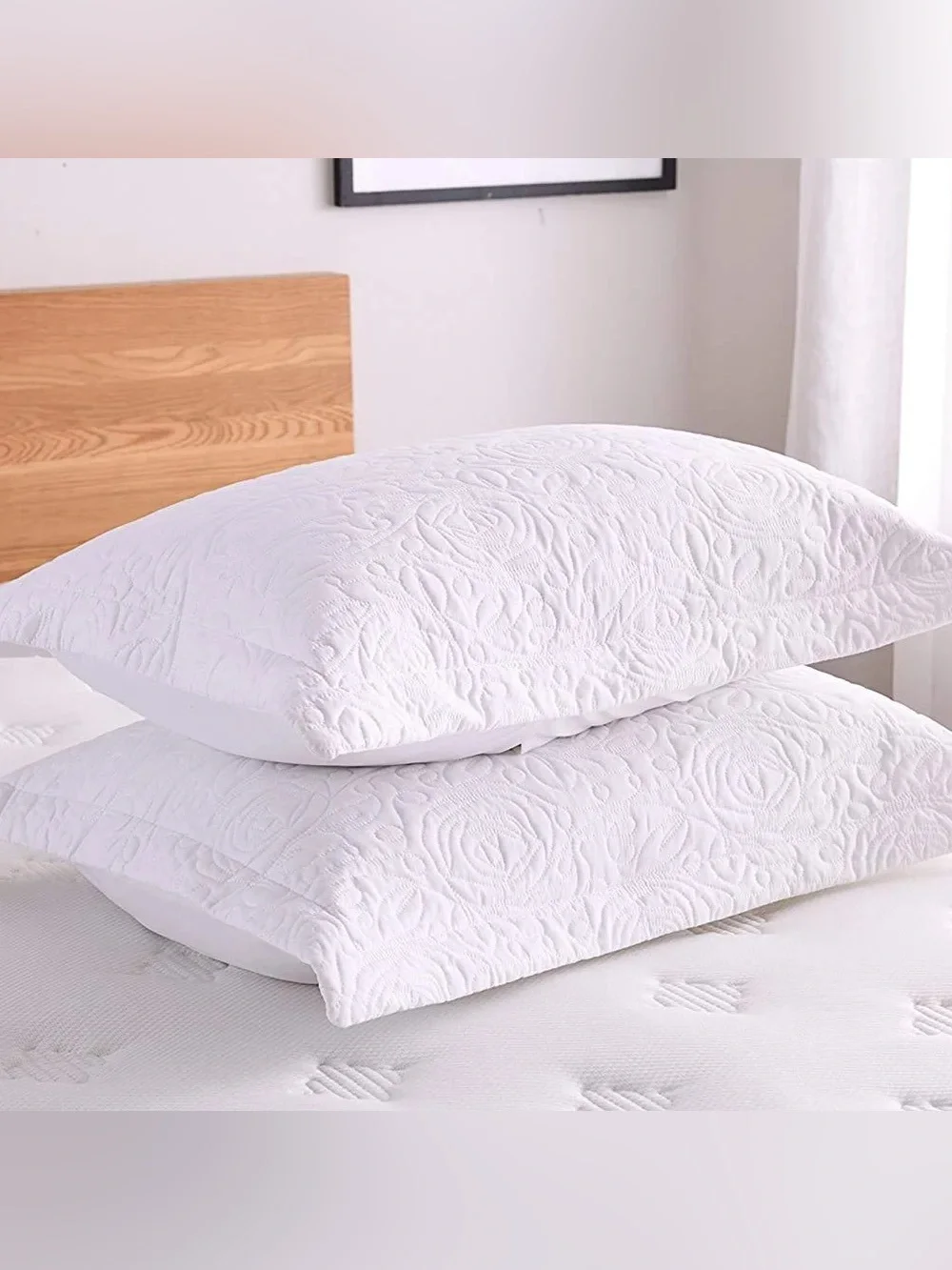 White Quilted Pillow Sham Pair - Elegant Floral Texture
